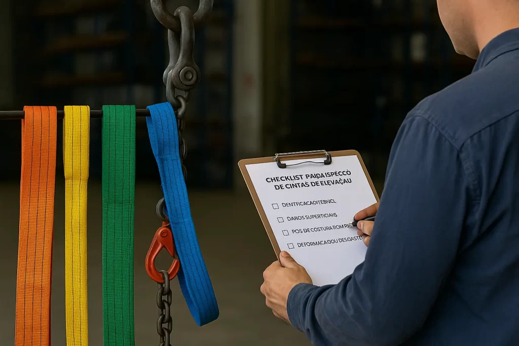 Profissional conferindo checklist de cintas de elevação ao lado de cintas coloridas em galpão industrial